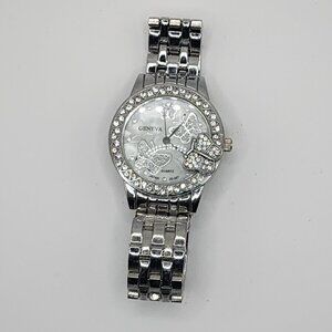 Women's Geneva JD-367 Butterfly Silver Case & Band Rhinestone Bezel Quartz Watch